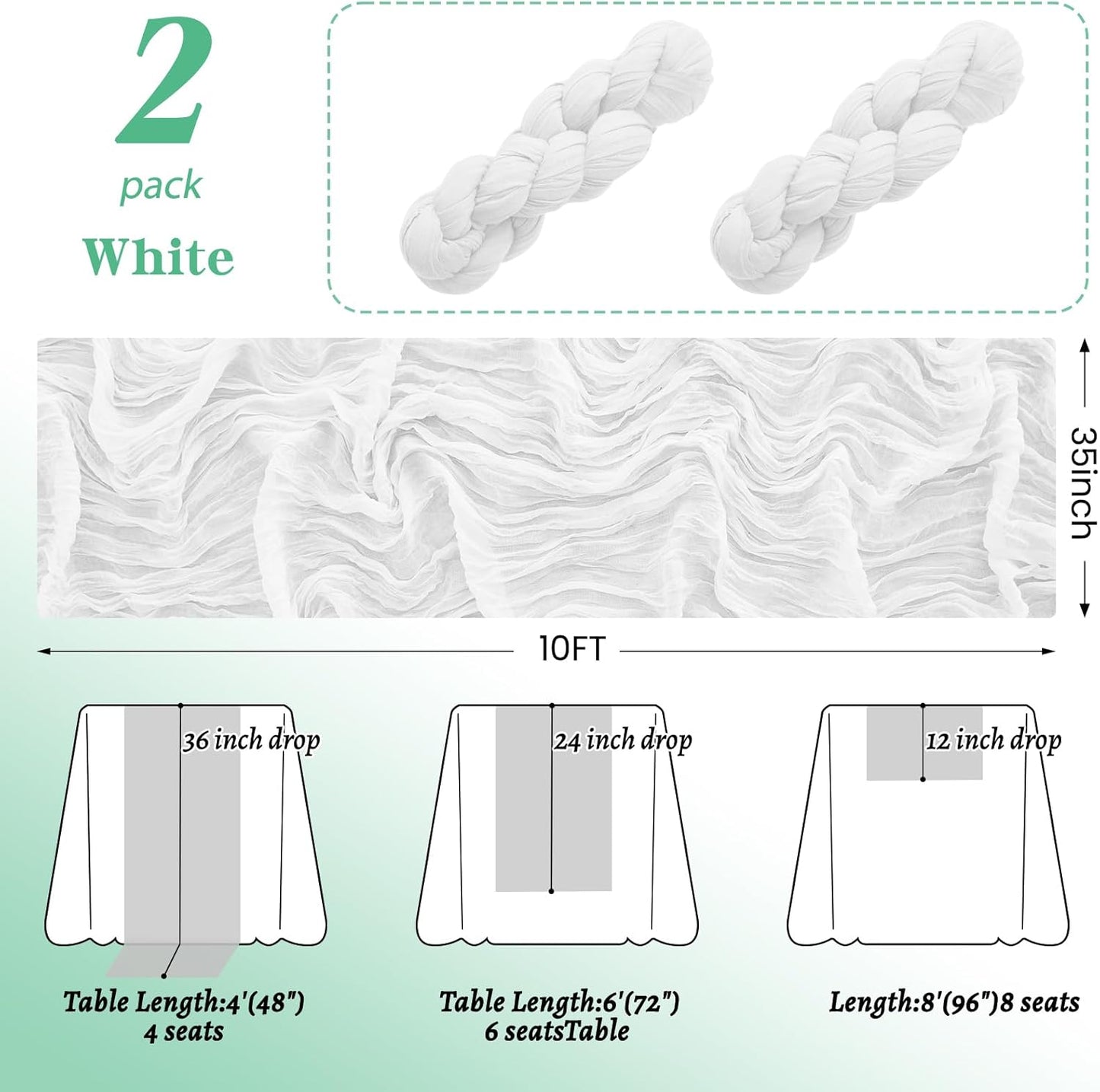 2Pack White Table Runner 10FT Cheesecloth Table Runner 35x120Inch Long Boho Cheese Cloth Table Runners Rustic Gauze Table Runners for Party Wedding Bridal Shower Baby Shower Decorations