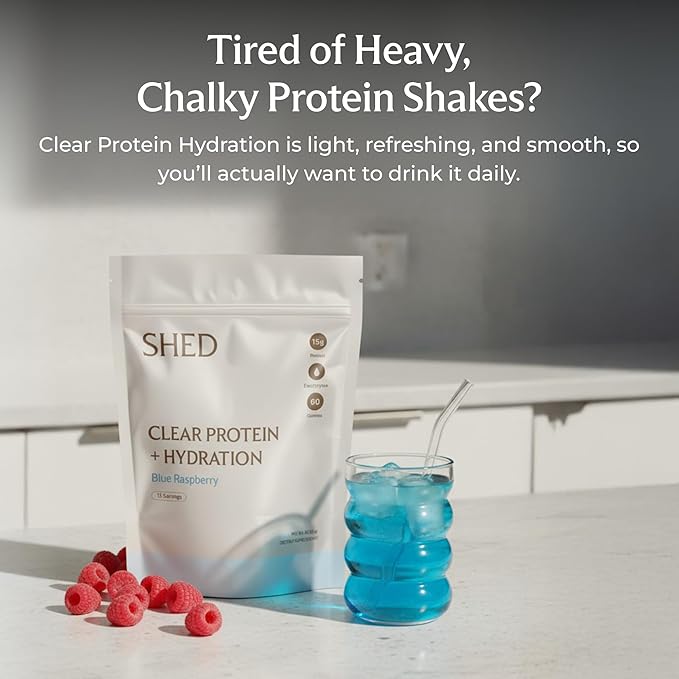 Clear Protein Powder with Electrolytes by Shed, 15g Whey Protein Isolate, Low Calorie and Lactose Free, Light and Clean Hydration Drink, Bloat-Free Post Workout Supplement, Blue Razz (15 Servings)