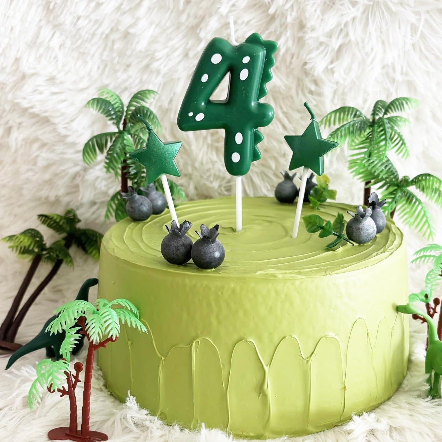 2.75 Inch Green Dinosaur Shaped 4 Number Birthday Candles and Star Birthday Candles,Suitable for Dinosaur Birthday Decorations & Themed Parties Celebration