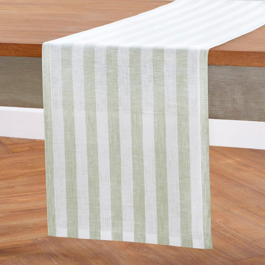 Solino Home Linen Table Runner 48 Inches - Sorrento Stripe 100% Pure Linen Sage and White Table Runner 14 x 48 Inch Ideal for Dresser and Coffee Tables - Fall, Halloween, Thanksgiving, Christmas