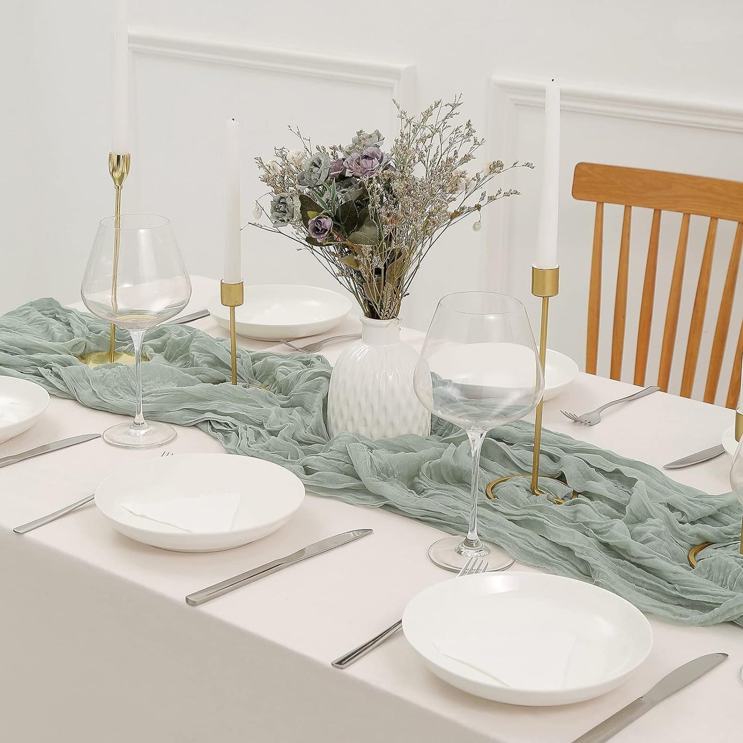 DOLOPL 8PCS St. Patricks Day Table Runner Sage Green Cheesecloth Boho Gauze 13.3ft Rustic Sheer Runner 160inch Long for Wedding Bridal Baby Shower Party Decorations