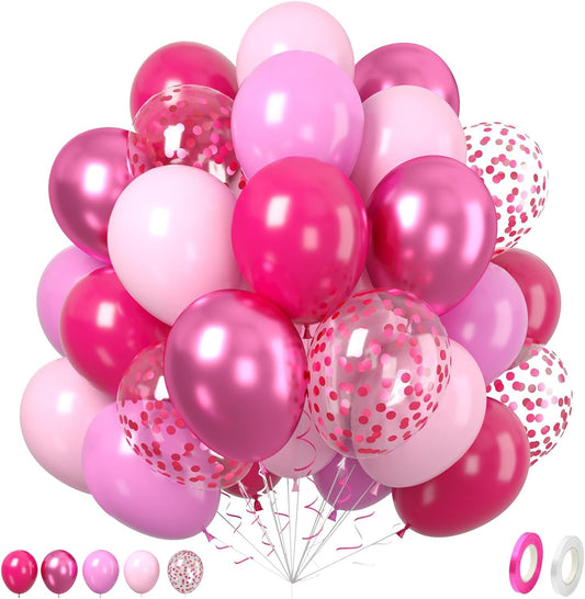 Paready Hot Pink Balloons Set, 60Pcs Metallic Pink Balloon, 12Inch Confetti Pink Balloon Pastel Latex Balloons for Girls Birthday Baby Shower Princess Wedding Birthday Party Decorations