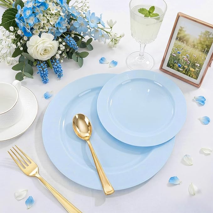 FLOWERCAT 60PCS Light Blue Heavy Duty Plastic Disposable Party Plates Set – 30pcs 10.25″ Dinner & 30pcs 7.5″ Dessert Plates – Durable Blue Tableware for Easter Parties, Wedding, BBQ & Baby Shower