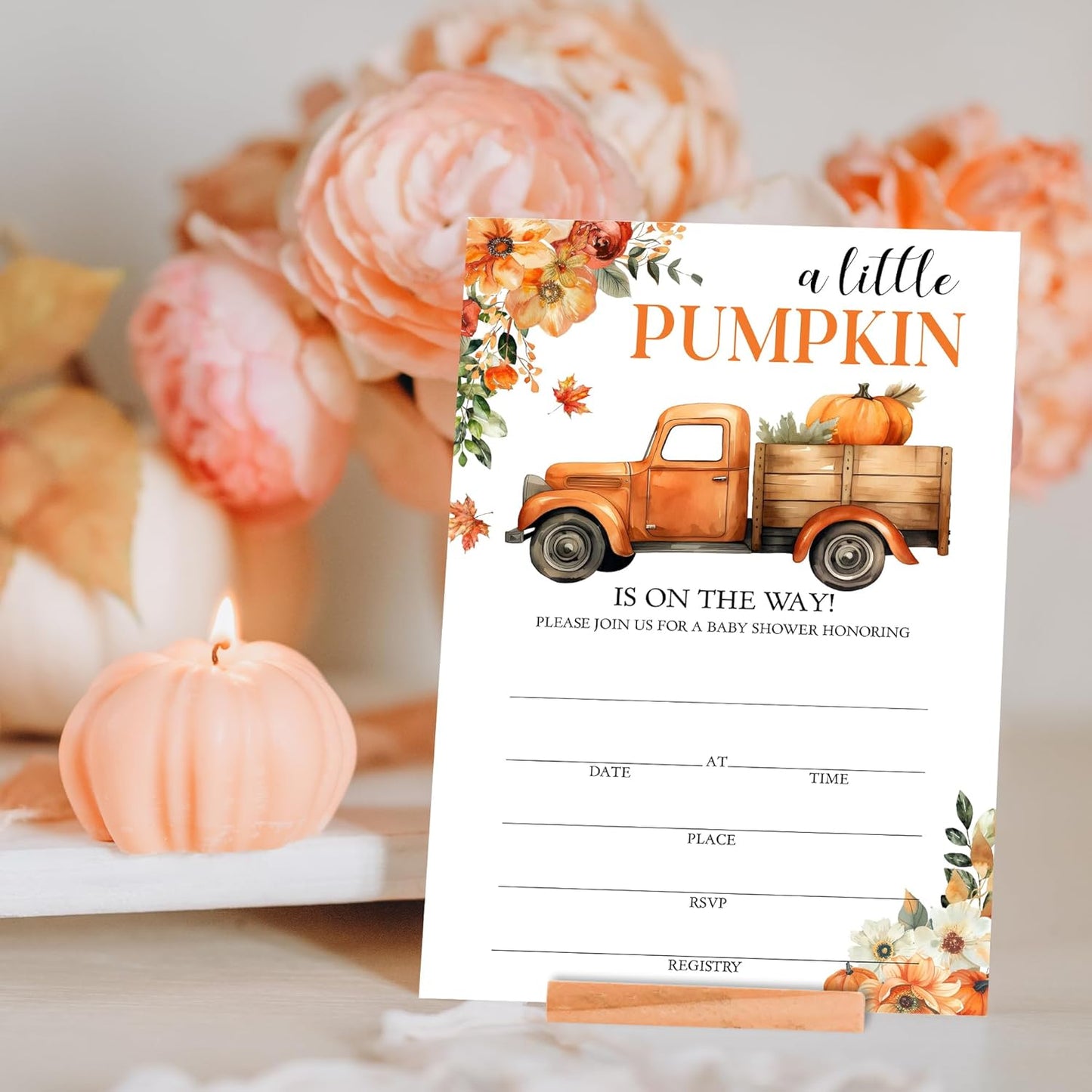 Vintage Truck & Pumpkin Baby Shower Invitations - “A Little Pumpkin Is On The Way” Design with Envelopes And RSVP Cards - 20Pcs Fill In Baby Shower Party Cards(4 x 6 Inch) (046)