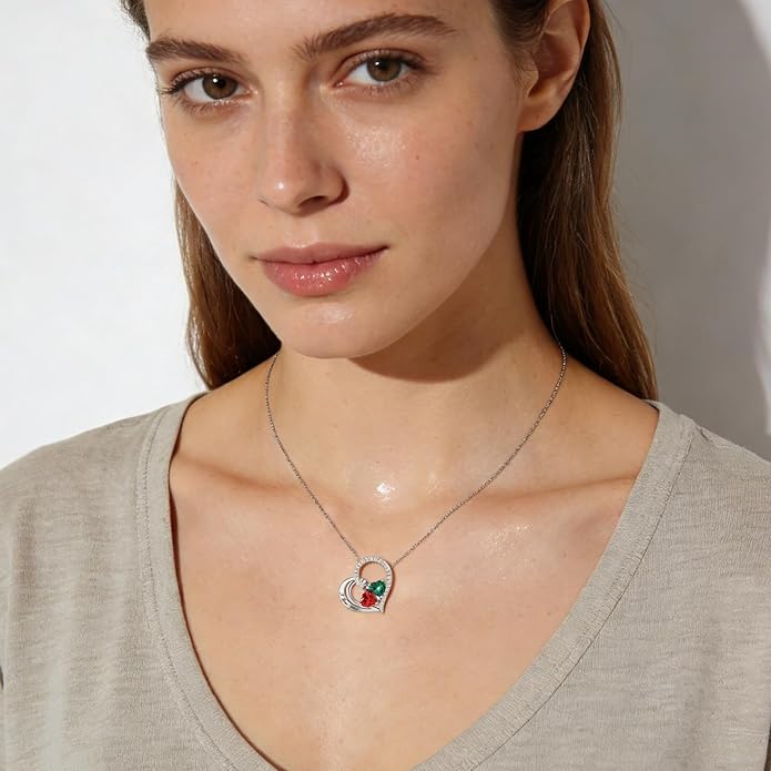 Double Birthstone Heart Necklace 0.8CT Dual-Gemstone S925 Sterling Silver Plated White Gold Engraved I Love You Perfect Anniversary/Valentine's Day Gift for Wife/Girlfriend/Mom/Daughter