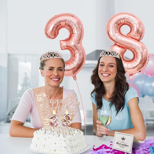 38th Birthday Decorations for Women, Including 38th Birthday Sash and Tiara, Cake Topper and Candles, Number Balloons, 38 Year Old Gifts for Women