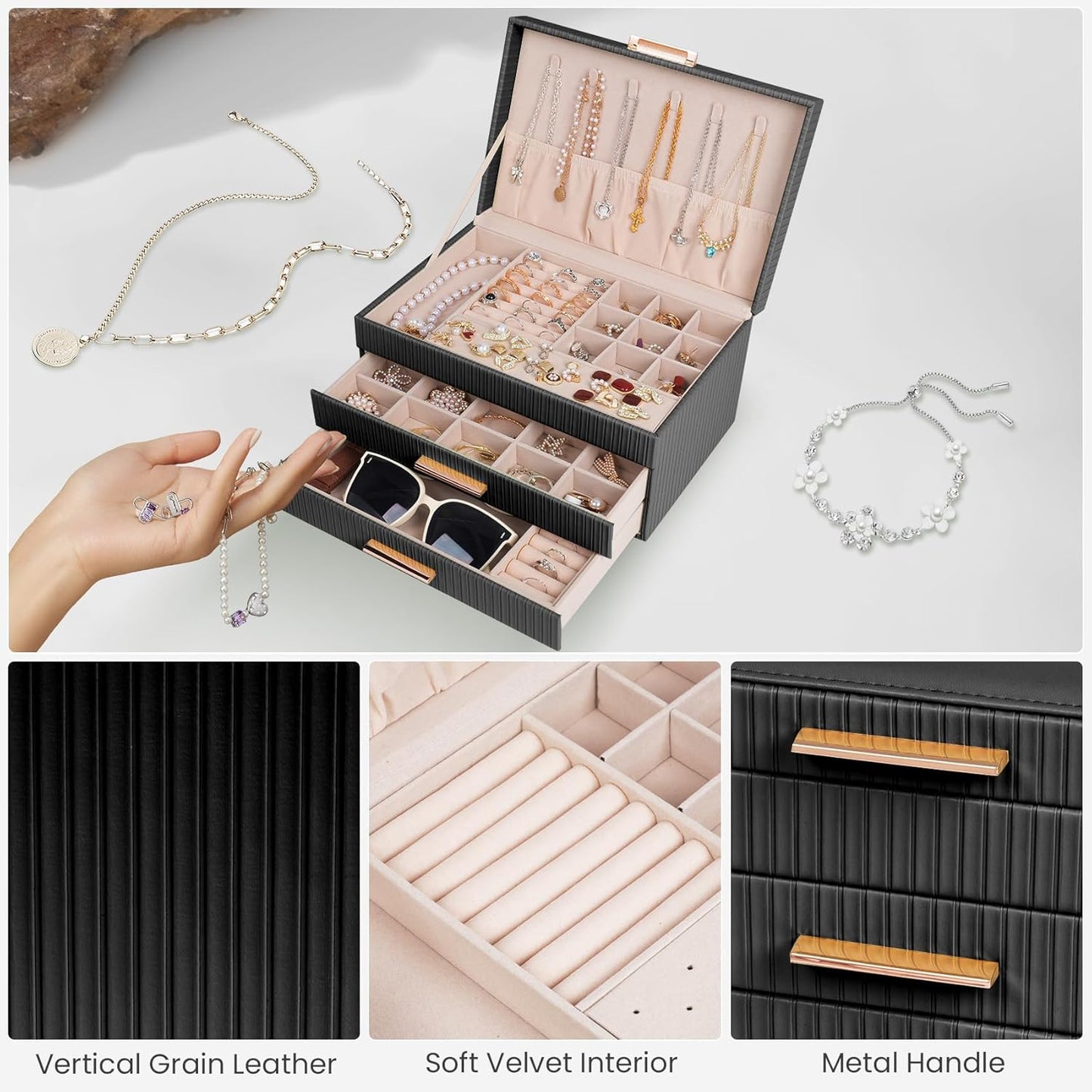 Dajasan Jewelry Boxes for Women, Jewelry Storage Organizer with 2 Drawers, Jewelry Organizer Box for Necklaces Rings Earrings Bracelets, Gift Idea, 10.71 x 7 x 5.6 Inches (Black)