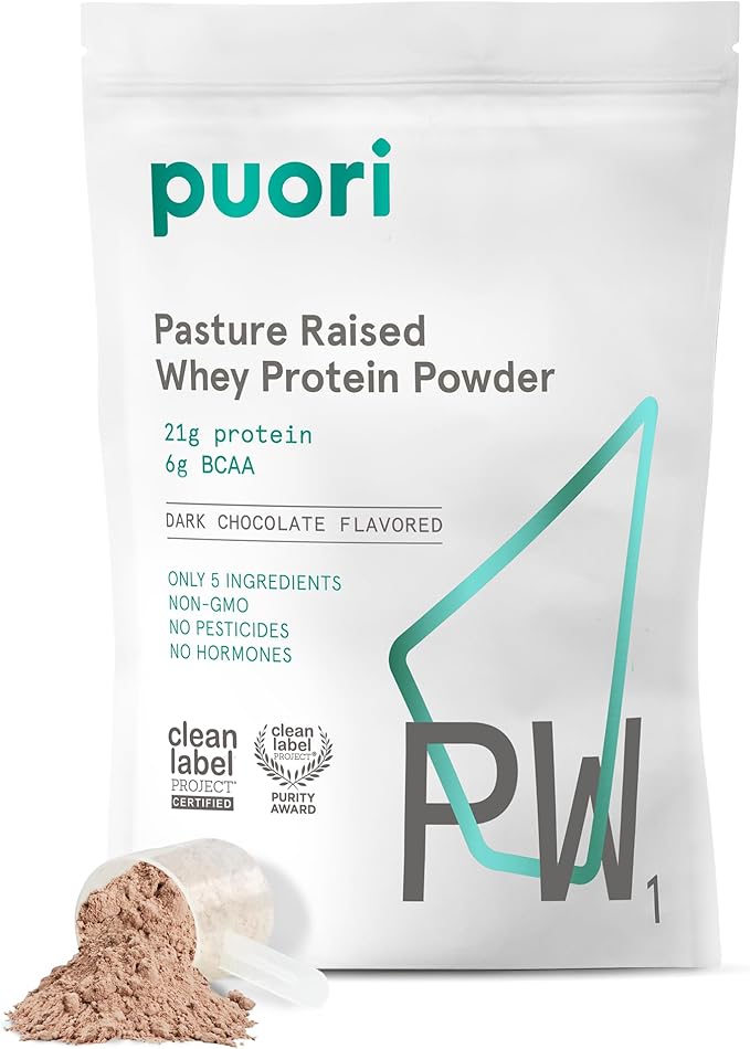 Puori Whey Protein Powder, Dark Chocolate - PW1 Pasture-Raised, Grass-Fed Whey Protein Powder Drink Mix containing BCAA Amino Acids - Post-Workout Supplement for Muscle Gain & Recovery - 30 Servings