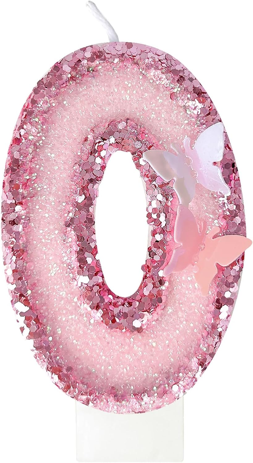 Birthday Candles，Glitter Butterfly Cake Toppers Pink Sequins Wedding Numeral Cupcake Decorations，Suitable for Girl and boy Wedding Cakes, Party Celebrations, Birthday Decorations (Number 0)