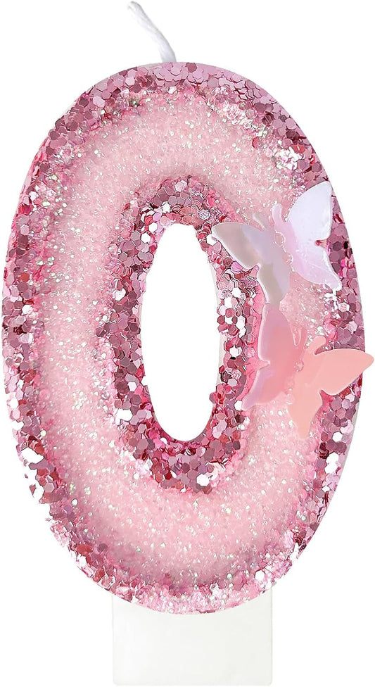 Birthday Candles，Glitter Butterfly Cake Toppers Pink Sequins Wedding Numeral Cupcake Decorations，Suitable for Girl and boy Wedding Cakes, Party Celebrations, Birthday Decorations (Number 0)