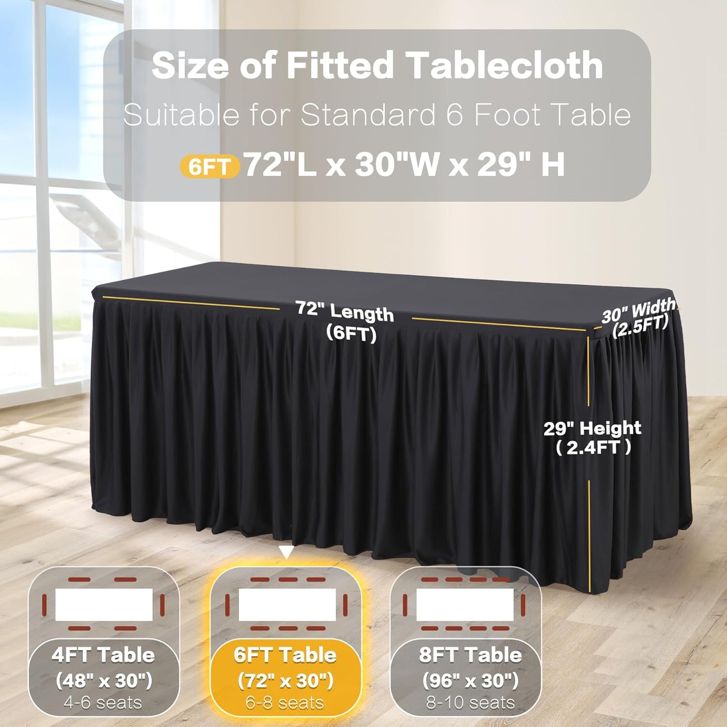 3 Pack Black Polyester Table Clothes for 6 Foot Rectangle Tables, Wrinkle Free Fitted Table Cover with Pleated Ruffle Table Skirt for Party Baby Shower Wedding Birthday Event Display