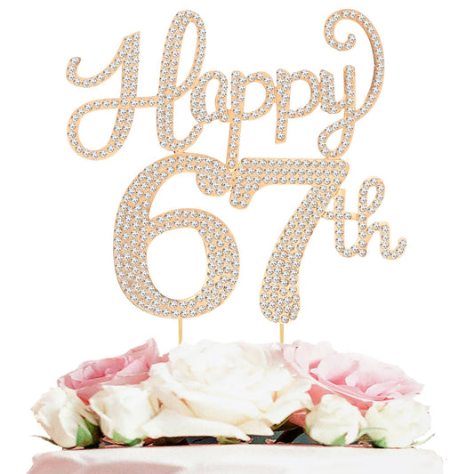 Happy 67th Birthday Decorations,67th Birthday Gold Rhinestone Cake Topper - Cheers to 67 Years Old Bday Party Metal Sparkly Cake Centerpieces Sign.