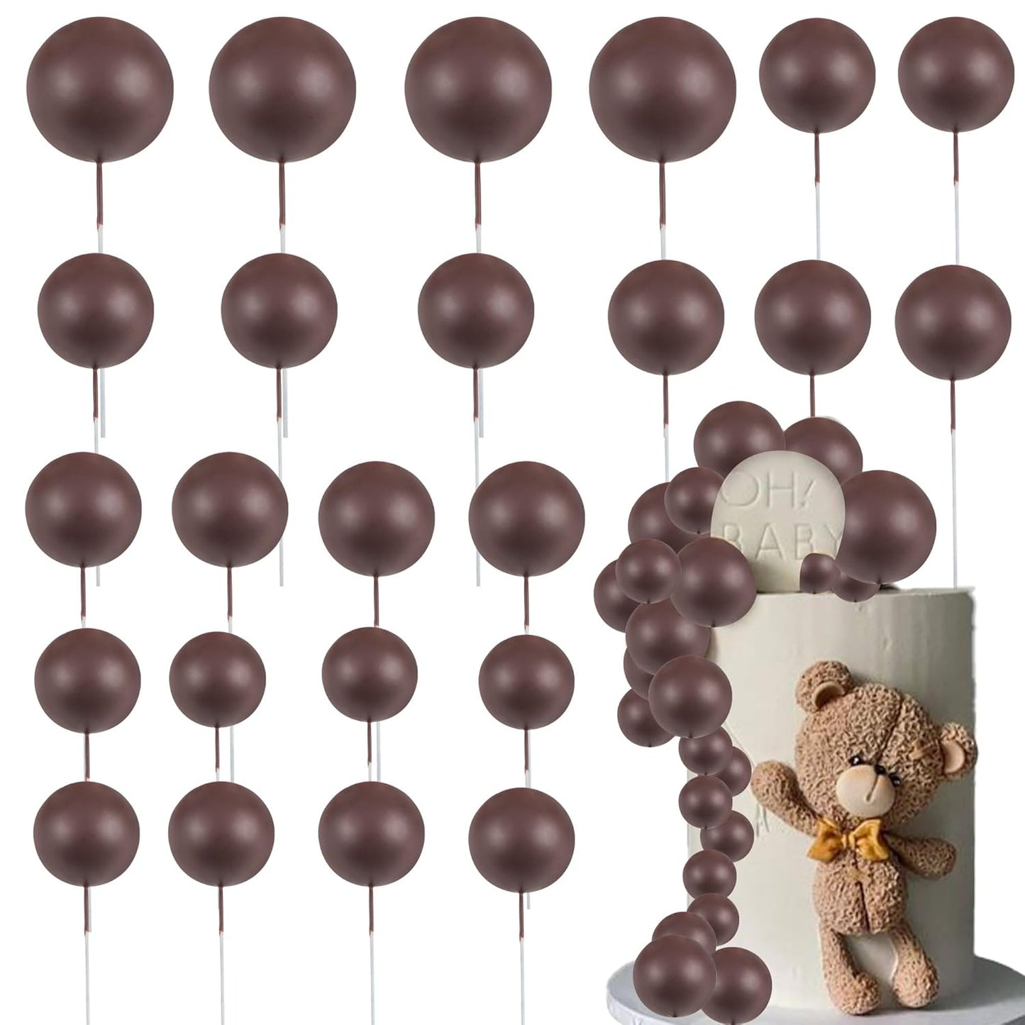 Gyufise 30Pcs Ball Cake Toppers Balls Cupcake Toppers Foam Ball Shaped Cake Picks DIY Balloons Cake Insert Topper for Wedding Enagement Baby Shower Birthday Party Cake Decorations Supplies Coffee
