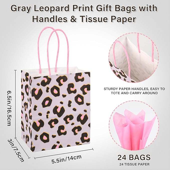 DjinnGlory 24 Pack Mini Small Gray Leopard Cheetah Print Party Favor Bags with Handles and Pink Tissue Paper for Party Favors Goodies, Small Business Gifts, Merchandises, 6.5x5.5x3 Inch