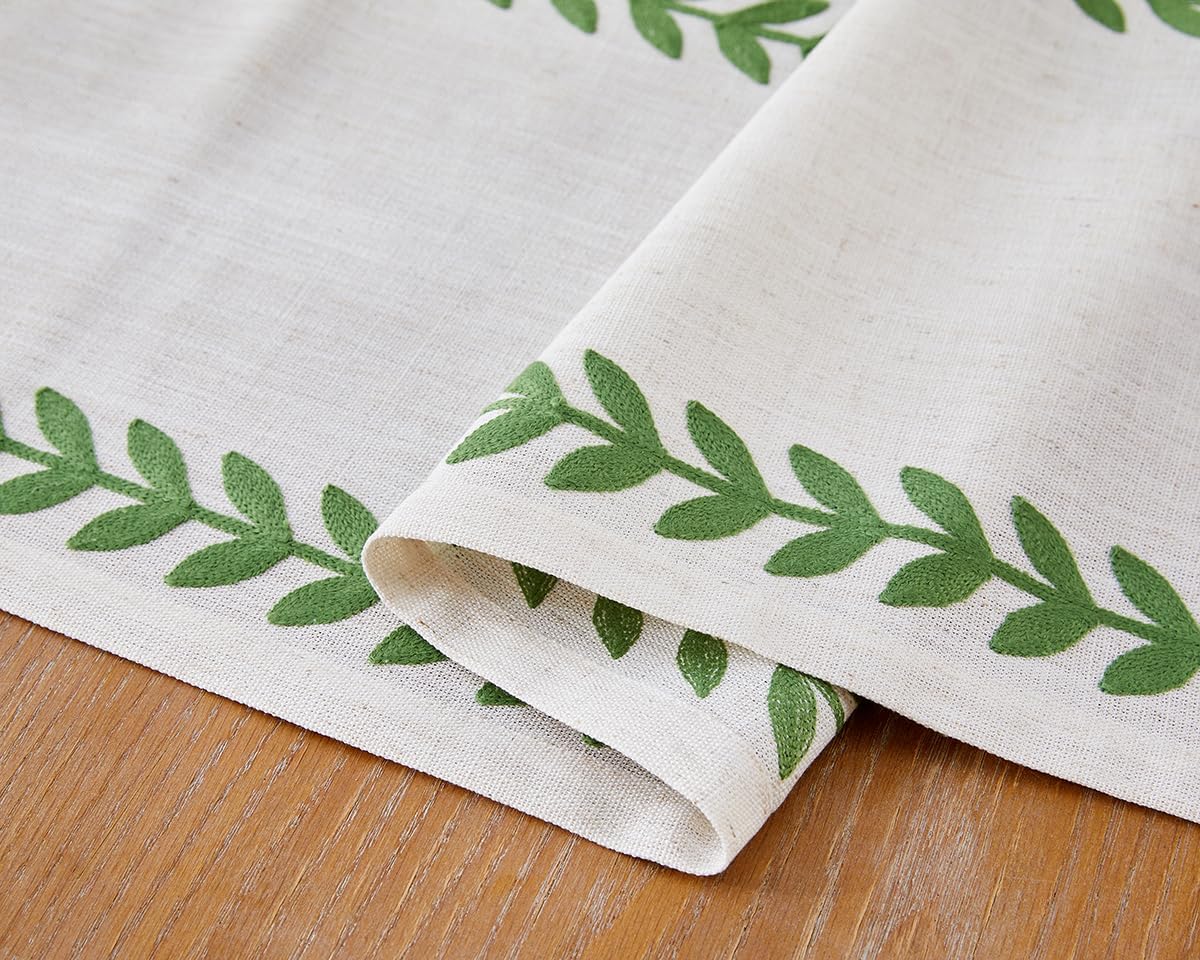 Wracra Embroidered Table Runner Irregular Willow Leaf Table Runners 108 Inches Long for Dresser Home Dining Table Decor,14 x 108 Inch, Green