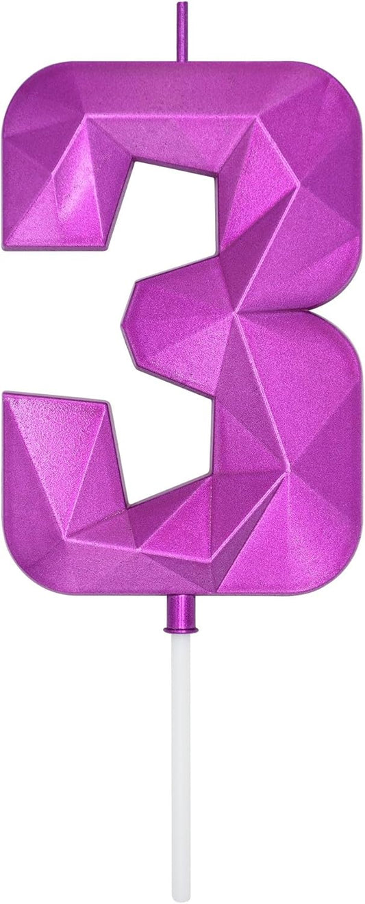 DERVENTA Large Birthday Candle Number 3D Purple 3.7 inch Party Celebration Anniversary Decoration Cake Topper 1 Piece (Number 3 Purple)