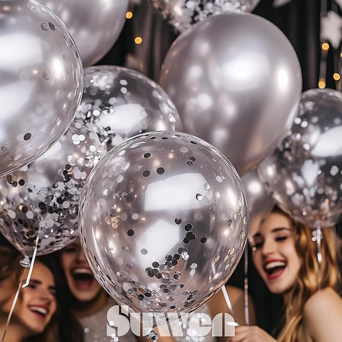 SUWEN Silver Metallic Balloons and Confetti Balloons Set 47PCS Latex Helium Chrome Silver Balloon for Birthday Graduation Anniversary Party Decorations