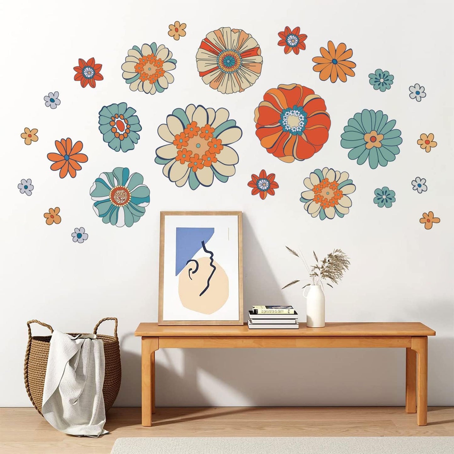 Supzone Boho Retro Floral Wall Decals Large Vintage Flower Wall Stickers Colorful Hippie Flower Wall Art Stickers for Bedroom, Living Room, Offices, Sofa, TV Backdrop Decoration