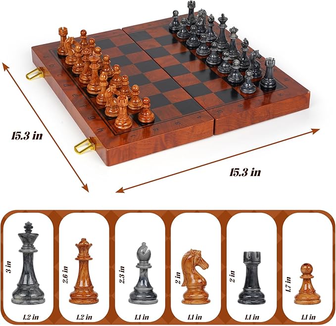 Magnetic Chess Set for Adults and Kids 15'' Chess Board with Acrylic Chess Pieces, Folding Portable Travel Unique Chess Sets Game for Tournament Professional Beginner