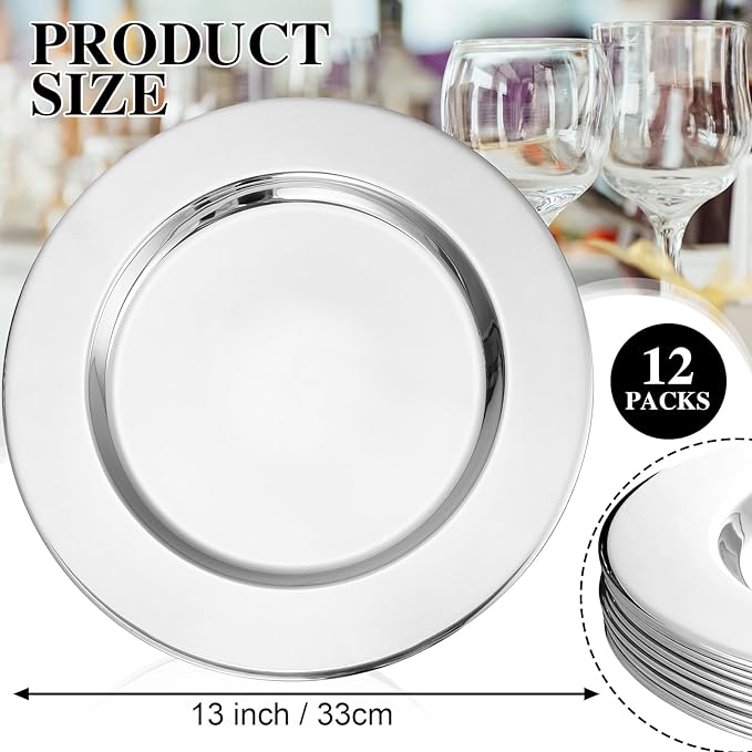 Vesici 12 Pcs Silver Stainless Steel Charger Plates 13 Inch Round Metal Charger Plates Bulk Mirror Elegant Charger Luxury Table Decor for Wedding Dinner Party