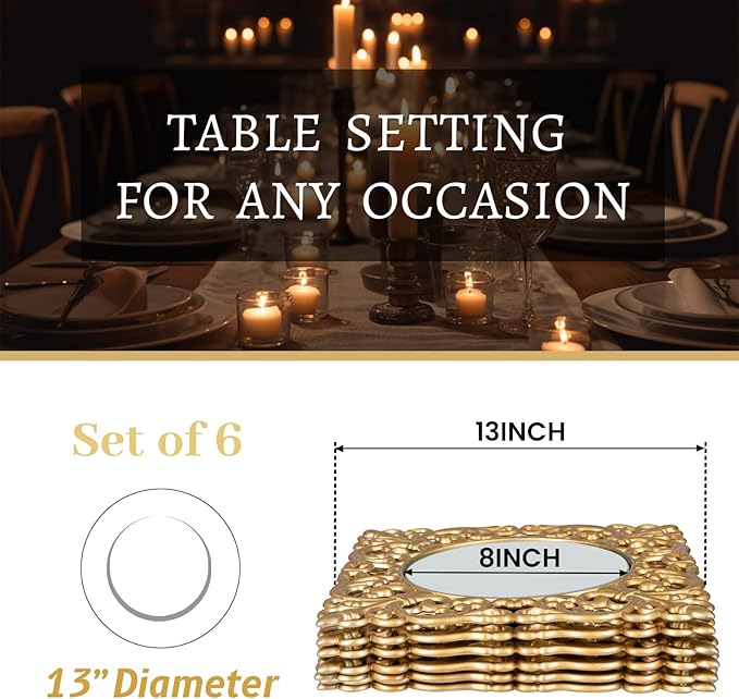 MAONAME 12" Gold Charger Plates Set of 6, Mirror Charger for Dinner Plates, Plastic Plate Chargers with Embossed Rims, Square Chargers for Table Setting, Wedding