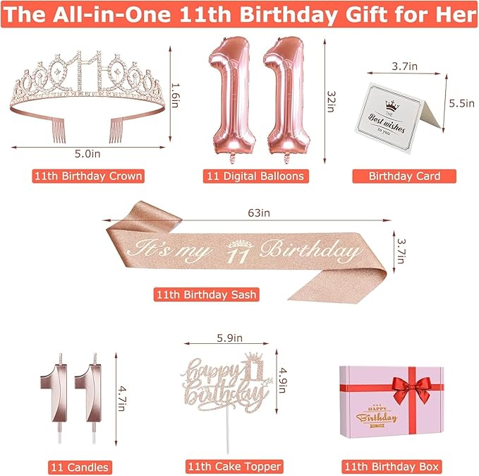 11th Birthday Decorations for Girls, Including 11th Birthday Sash and Tiara, 11 Candles and Cake Toppers, Rose Gold 11 Balloons and 3D Birthday Card, 11th Birthday Gifts for Girls 11 Year Old Birthday Party