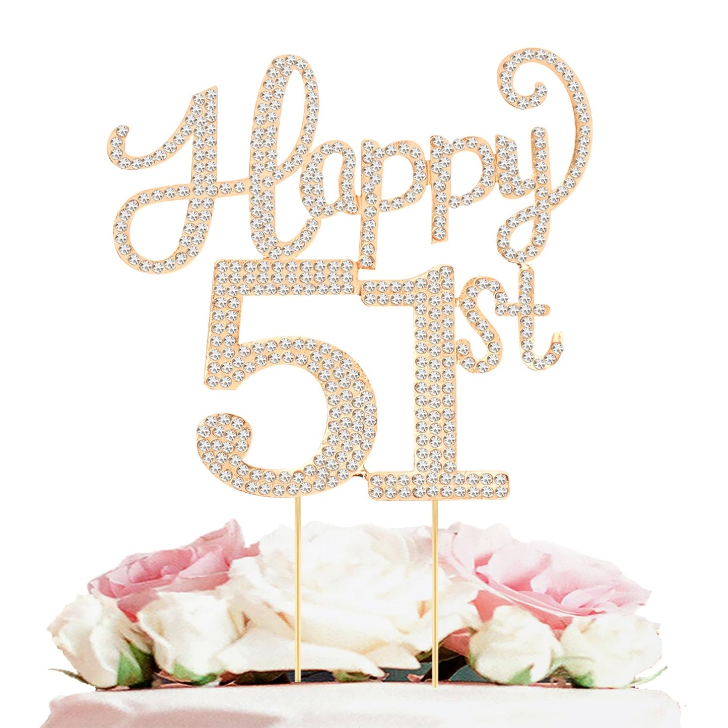 Happy 51st Birthday Decorations,51st Birthday Gold Rhinestone Cake Topper - Cheers to 51 Years Old Bday Party Metal Sparkly Cake Centerpieces Sign.