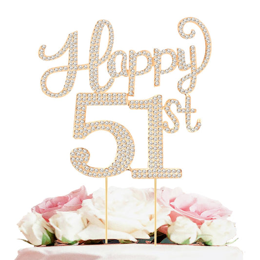 Happy 51st Birthday Decorations,51st Birthday Gold Rhinestone Cake Topper - Cheers to 51 Years Old Bday Party Metal Sparkly Cake Centerpieces Sign.
