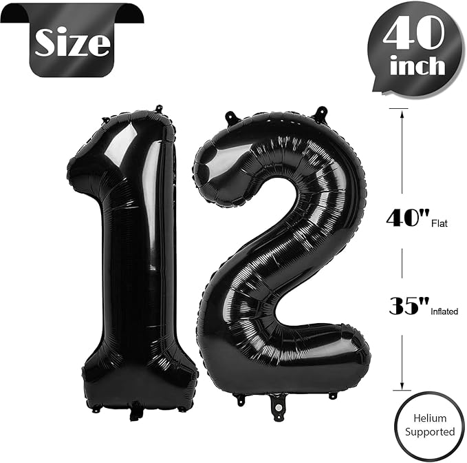 Black Number 12 Balloon 40 Inch, 12th Birthday Party Decorations for Children, Giant 12 Foil Balloon for Party Supplies