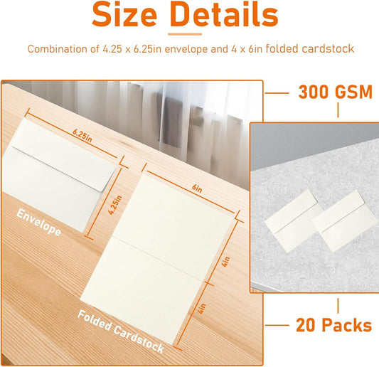 Cream Greeting Cards and Envelopes 4 x 6 Printable 300GSM Folded Off White Cardstock and A4 Envelopes Self Seal 20 packs for Wedding Invitations, Birthday, Mailing, Christmas