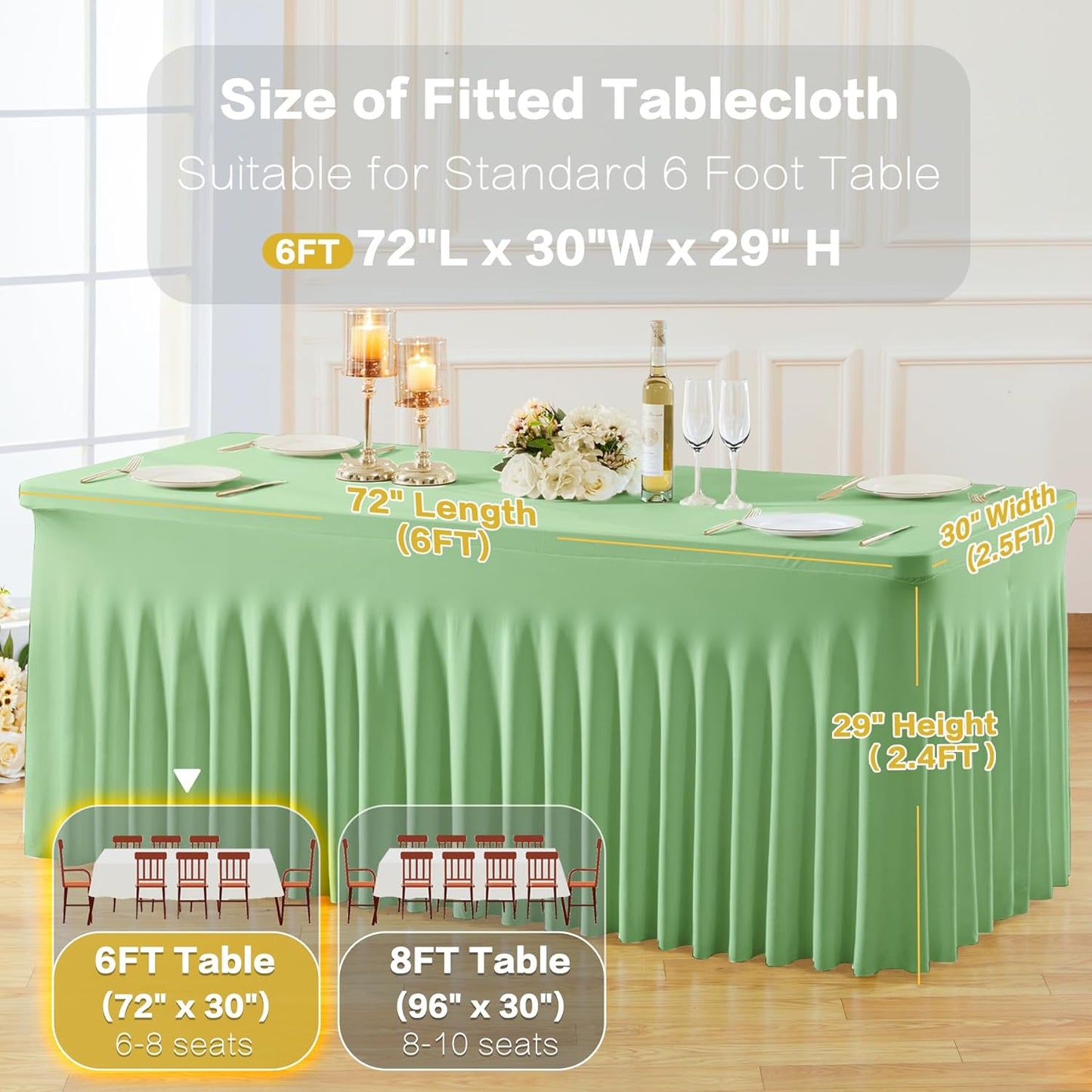 2 Pack Spandex Sage Green Fitted Table Cloth for 6ft Rectangle Tables Sage Green Stretch Tablecloth Table Covers Skirt Banquet Wrinkle Free Tablecloths for Parties Wedding
