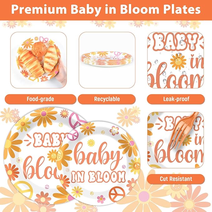 96Pcs Baby in Bloom Baby Shower Party Supplies Floral Shower Groovy Floral Paper Plates Napkins Hippie Party Decorations Boho Daisy Dinnerware Favor Tableware Serves 24