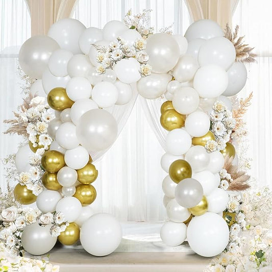 Pearl White Double Stuffed Balloon Arch Kit - Ivory, Cream & Champagne Gold Latex Balloons for Wedding, Bridal Shower, Birthday, Gender Reveal, Boho Party Garland Decor (98 Pcs)