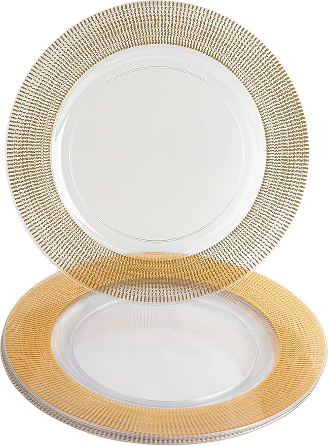 PARTY BARGAINS 13-Inch Charger Plates - 4 Pack, Clear Gold Textured Rim, Heavy-Duty Disposable Chargers for Elegant Dining - Ideal for Weddings and Formal Events