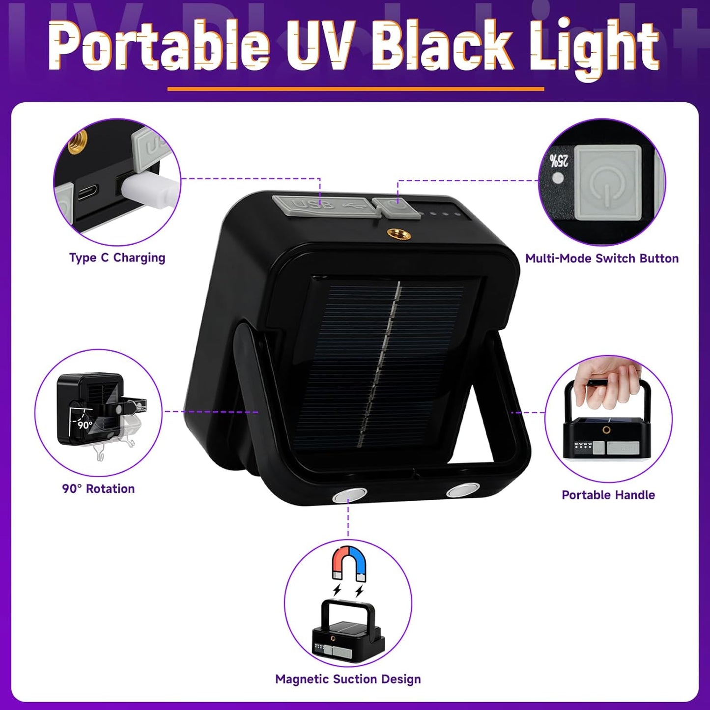 LED Black Ligh,Rechargeable 5000mAh 120 UV led, IP65 Waterproof & Magnetic, Long Runtime Ultraviolet Light for Neon Glow Party, Halloween, UV Posters, Body Paint, Fluorescent Art