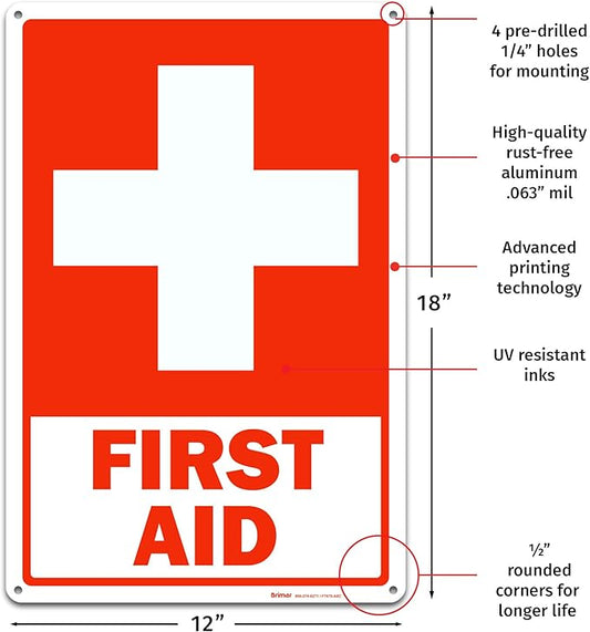 Brimar - 12 x 18" - First Aid Sign - .063″ White Rust-Free Aluminum - Clear Message - Large Size