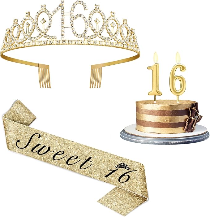 Sweet 16 Party Decorations for Girls with Sweet 16 Sash Gold, Rhinestone 16th Birthday Tiara, 16 Candles Gold, 16th Birthday Gifts for Girls
