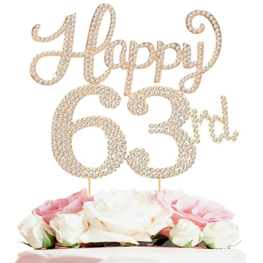 Happy 63rd Birthday Decorations,63rd Birthday Gold Rhinestone Cake Topper - Cheers to 63 Years Old Bday Party Metal Sparkly Cake Centerpieces Sign.