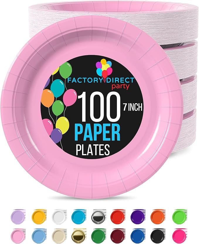 Exquisite Pink Paper Plates Disposable Heavy Duty 7 Inch Pink Disposable Plates For Party 100 Pcs Heavy Duty Paper Plate 350 GSM, Birthday Party Supplies Plate Set