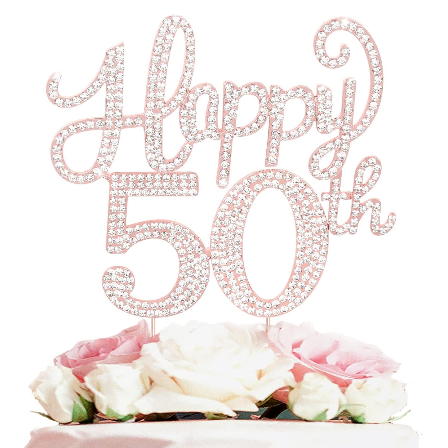 LASKYER Happy 50th Birthday Rose Gold Rhinestone Cake Topper - 50th Birthday/Anniversary,Cheers to Fifty Years Old Bday Party Metal Sparkly Centerpieces Decorations.