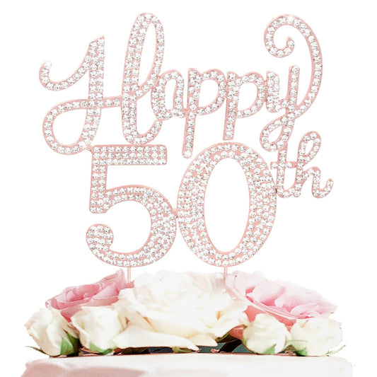 LASKYER Happy 50th Birthday Rose Gold Rhinestone Cake Topper - 50th Birthday/Anniversary,Cheers to Fifty Years Old Bday Party Metal Sparkly Centerpieces Decorations.