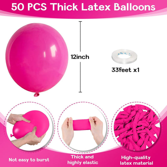 Hot Pink Balloons 12 Inch, 50Pcs Fuschia Pink Balloon Magenta Latex Balloons Matte Neon Dark Rose Pink Helium Balloons for Princess Birthday Wedding Baby Shower Valentine's Day Party Decoration