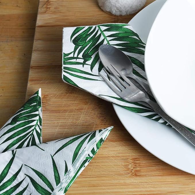 SOLAS 20 Pack Square Green 2-Ply 6 1/2' (16.5cm) Biodegradable Palm Leaf Paper Napkins - Perfect for Luau, Outdoor Wedding, Bridal Shower Parties