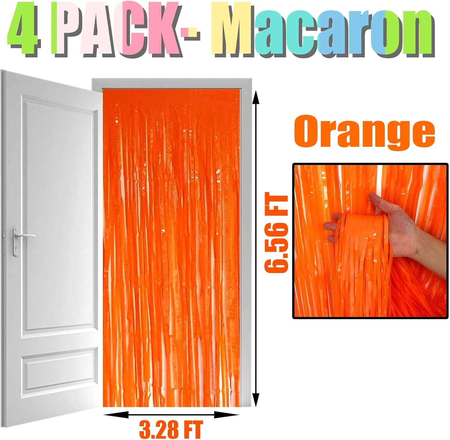 4 Pack Orange Foil Fringe Curtain Backdrop, 3.28Ft x 6.56Ft Metallic Tinsel Foil Fringe Streamers Curtains for Photo Booth, Wedding, Thanksgiving, Birthday, Christmas, Party