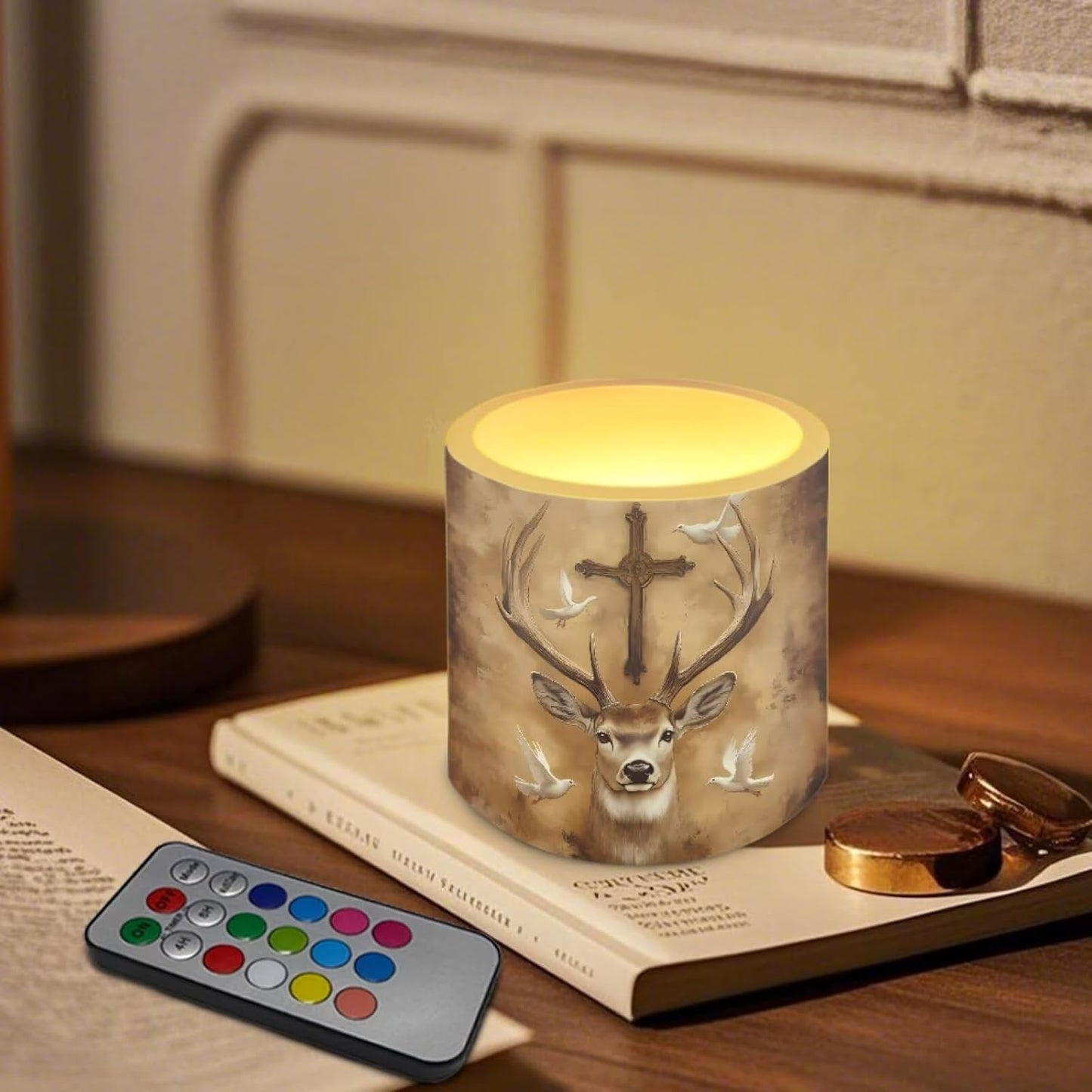 Poceacles Flameless LED Candles 4 Pack with Remote Control, Battery-Powered, Flickering Effect, with 12 Color Changing, Realistic LED Pillar Candles for Home Decor, Deer Cross Dove of Peace Retro