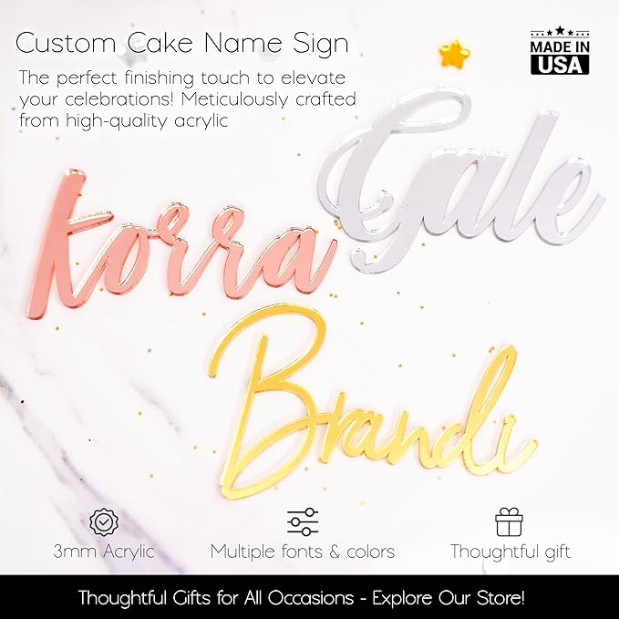 Custom Acrylic Cake Name Plaque | Cake Name Plate Plaque | Made in the USA | Cake Letters | Custom Cake Name Sign | Customizable Cake Topper Decoration for Birthday,BabyShower,Wedding