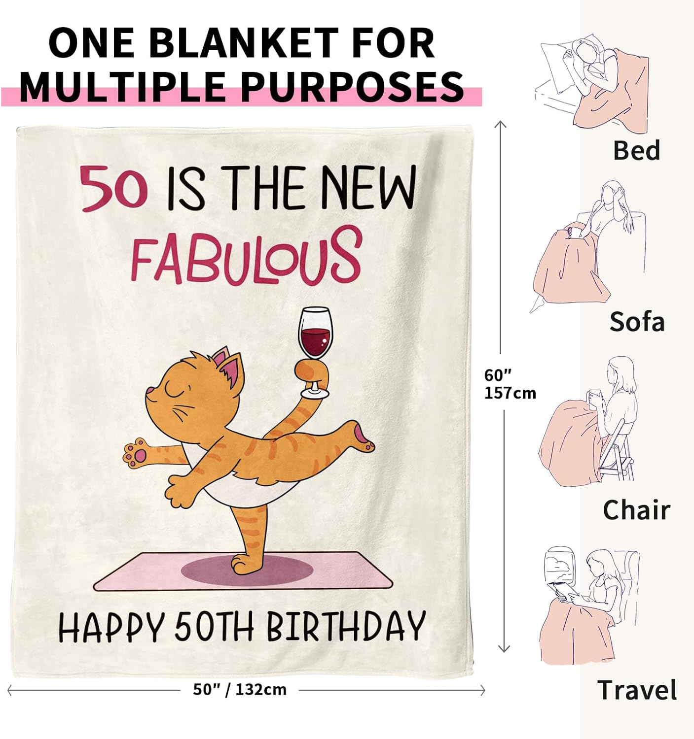 Happy 50th Birthday Gifts for Her, Flannel Soft Blanket Decorations, 50 Years Old Birthday Gifts for Women, Fabulous Turning 50 Gift for Woman, 50x60 inches