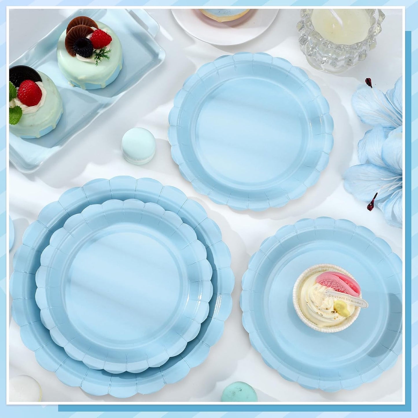 30 Pcs Dessert Plates Disposable, 7 Inch Light Blue Cake Plates Scalloped Small Appetizer Birthday Plate Cute Baby Blue Paper Plate for Boy Baby Shower, Birthday, Wedding