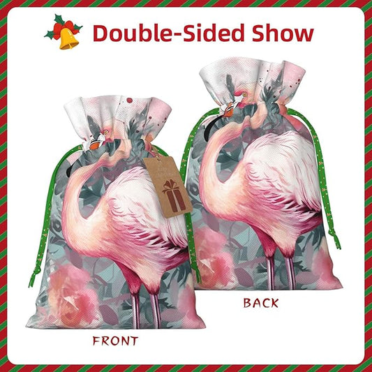 QSMJKLD Drawstring Christmas Gift Bags Vintage Boho Flamingo Florals Gift Bag Burlap Xmas Candy Pouch Reusable Christmas Wrapping Bag Xmas Party Favor Bags for Holiday Wrapping Presents Small
