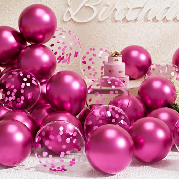 SUWEN Metallic Hot Pink Balloons and Confetti Balloons Set 47PCS Latex Helium Chrome Magenta Balloon for Birthday Valentine Anniversary Party Decorations